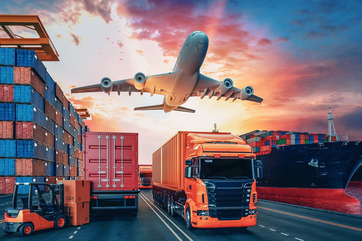 Transportation and logistics of Container Cargo ship and Cargo plane. 3d rendering and illustration.